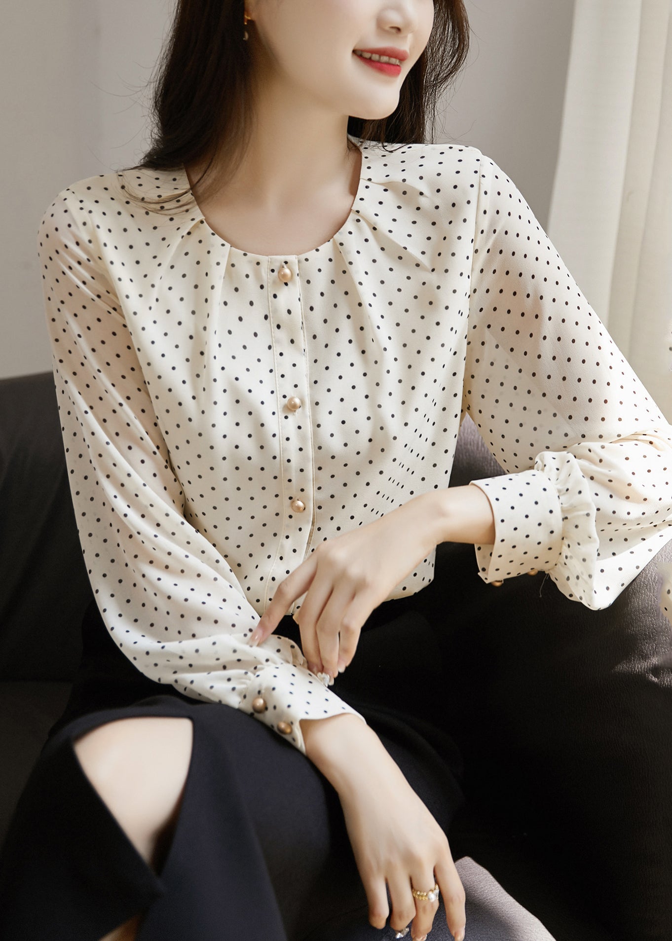 French Beige Print Wrinkled Button Shirt Fall QP012 OL-LTP241001