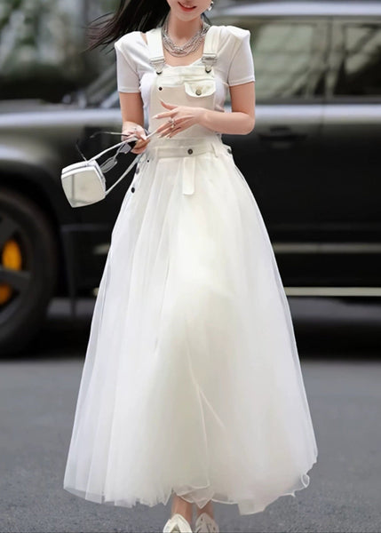 Patchwork Tulle Summer Strap Dress White Distinctive Denim FashionChic
