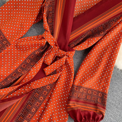 Vintage Brown V-neck Tie Waist Printed Long Puff Sleeve Dress AR1003 shopify