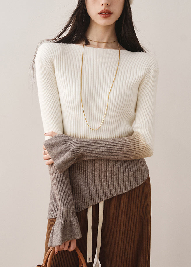 Elegant White Gradient Slash Neck Slim Knit Sweaters Fall WS018 shopify