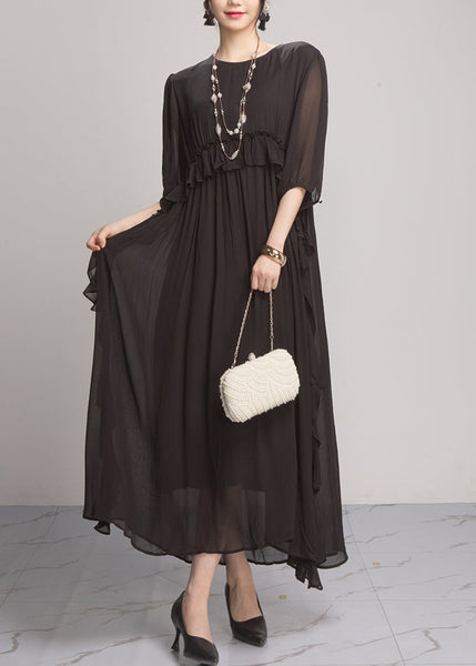 Handmade Green O-Neck Ruffled Wrinkled Vacation Chiffon Maxi Dresses Lantern Sleeve AO1027 JDML-FDL240909