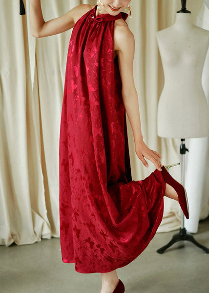 Cotton Sleeveless Jacquard Bow Maxi Red Loose Dresses FashionChic