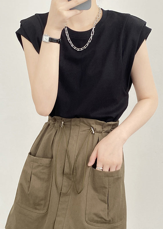 Neck Cotton Shirts Black O Summer Solid T FashionChic