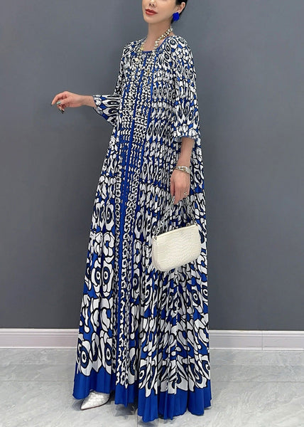 French Blue O Neck Print Wrinkled Long Dress Bracelet Sleeve AO1004 JDML-SDL240909