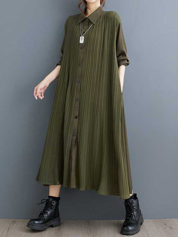 Stylish Army Green Lapel Buttoned Pleated Pockets Long Sleeves Shirt Dress WS001 shopify