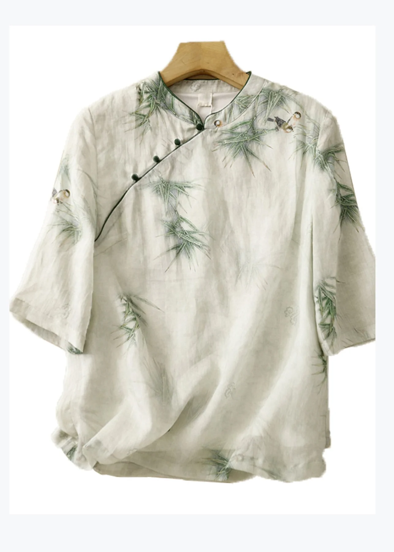 Grace Green Stand Collar Embroidered Linen Shirt Top Summer QR024 GSK-240929