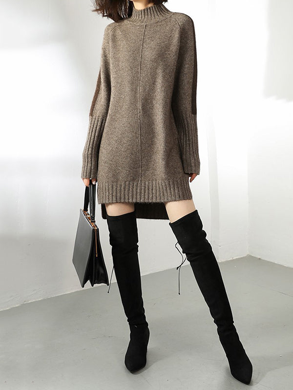 Urban Camel Half Turtleneck Contrast Color Long Sleeve Knit Sweater Dress AN1068 Genistyle Shop