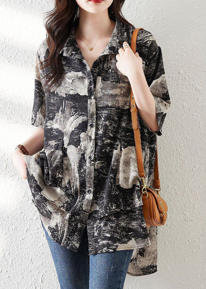 Loose Black Button Print Low High Design Cotton Shirt Summer NN045 shopify