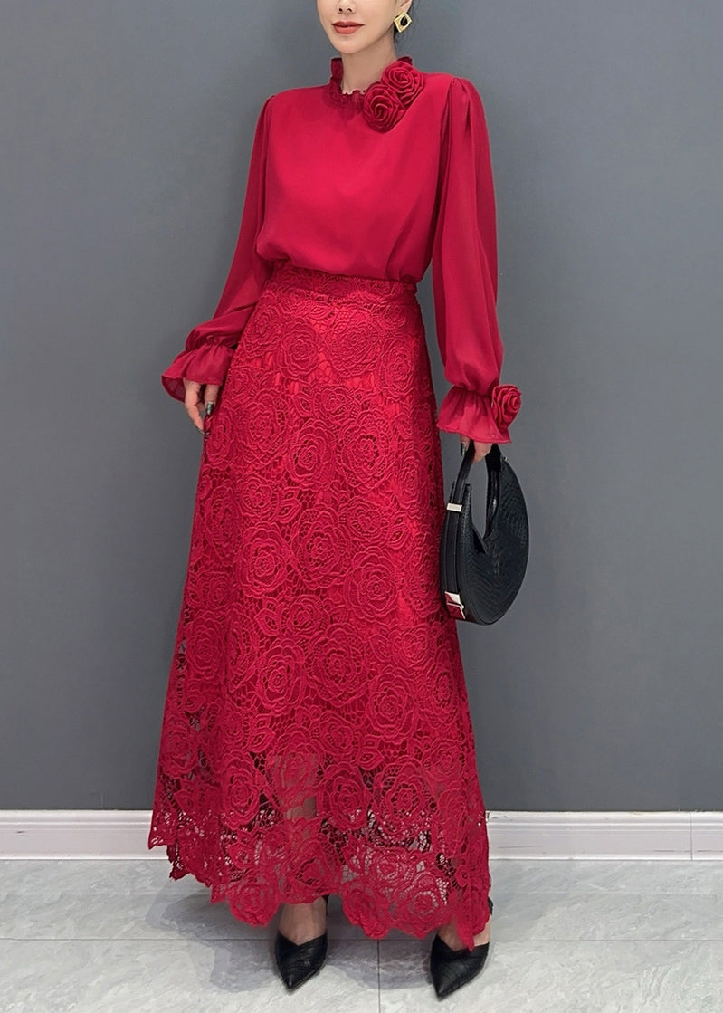 Fine Red Rose Lace Shirts And Maxi Skirts Two Pieces Set Fall AO1033 JDML-TPIEC240909