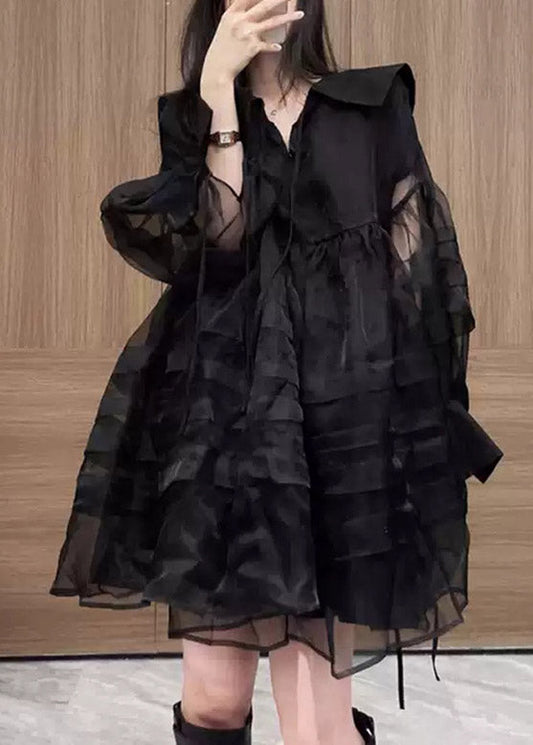 French Black Sleeve Neck V Tulle Long Patchwork Mid Dresses FashionChic