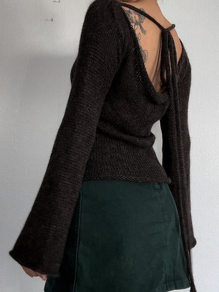 Vintage Brown Round-Neck Back Cross Hollow Lace-Up Long Bell Sleeve Sweater AN1039 Genistyle Shop