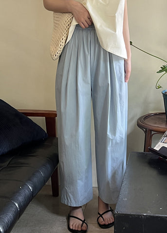 Blue Summer Solid Pants Loose Cotton Elastic Crop Waist FashionChic