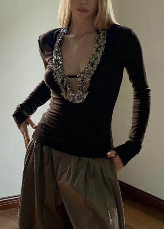 Spring U Neck Boho Coffee Top Sequins Silk FashionChic