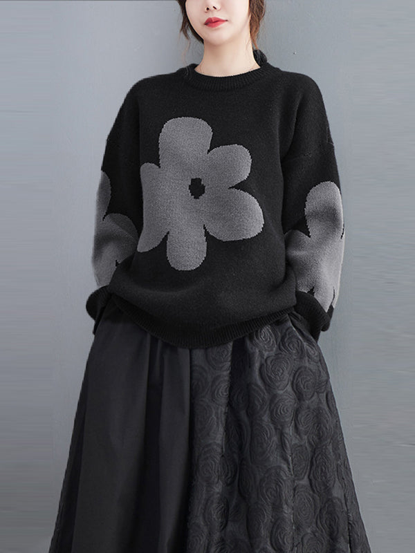 Cute Loose Black Round-Neck Contrast Color Flower Long Sleeve Sweater AN1070 Genistyle Shop