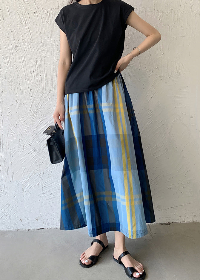 Blue Spring Skirt Hem Large Exra Women Plaid Cotton FashionChic