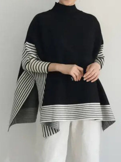 Design Loose High Neck Split-Side Striped Batwing Sleeve Sweater QX010 shopify