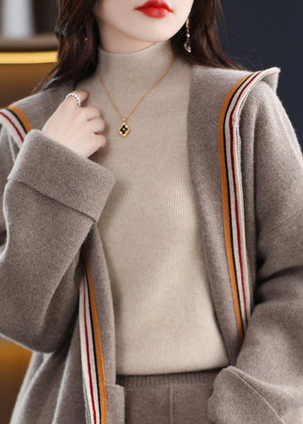 Unique Beige Zippered Patchwork Cozy Woolen Hoodie Cardigans Winter WV020 ABC