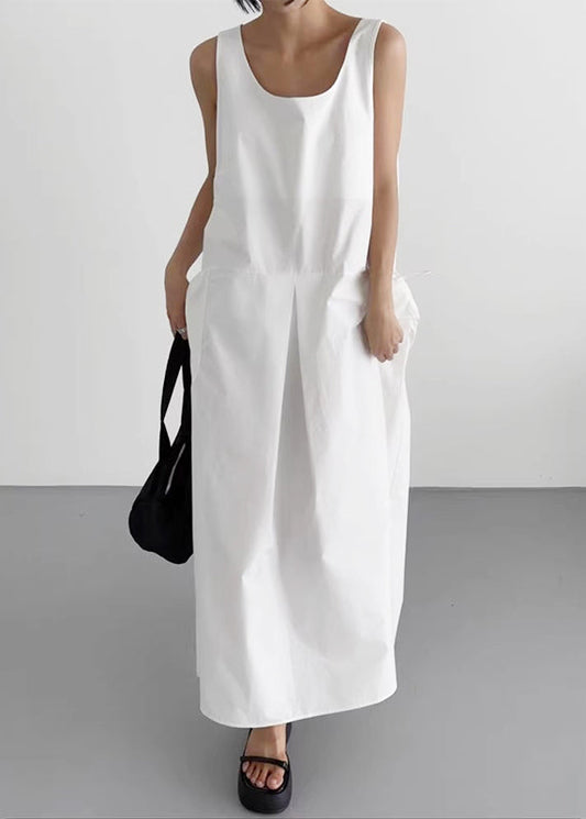 Women Neck Cotton Dresses White Robe Sleeveless U FashionChic