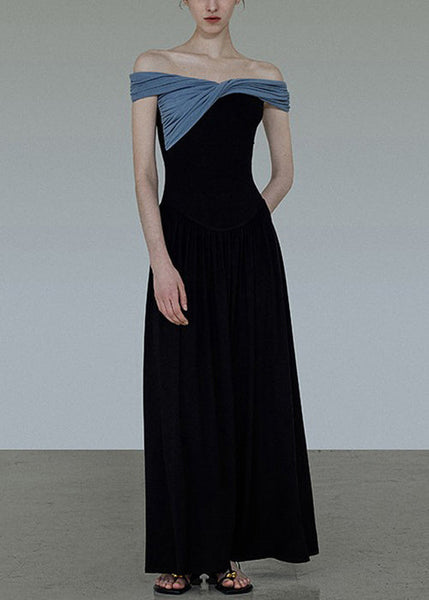 Dress Long Black Patchwork Slash Wrinkled Neck Original Cotton FashionChic