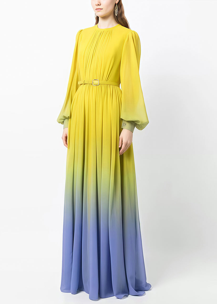 Dress Fall Button Chiffon Gradient Wrinkled Color Ankle Italian FashionChic