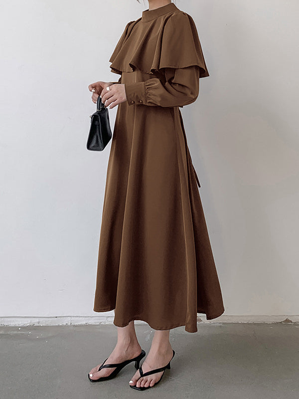Ruffle Waist Long Mock Tied A-Line Elegant Trim Neck Coffee FashionChic