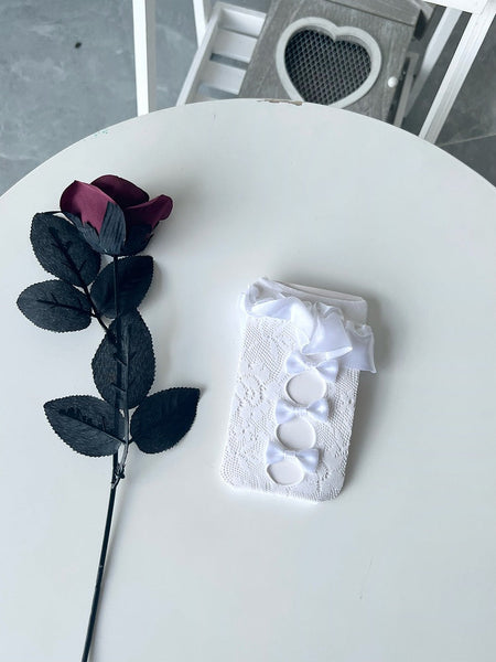 Bowknot Ruffle Cut-Out Calf Lolita Socks Lace Decorated Black/White/Beige FashionChic