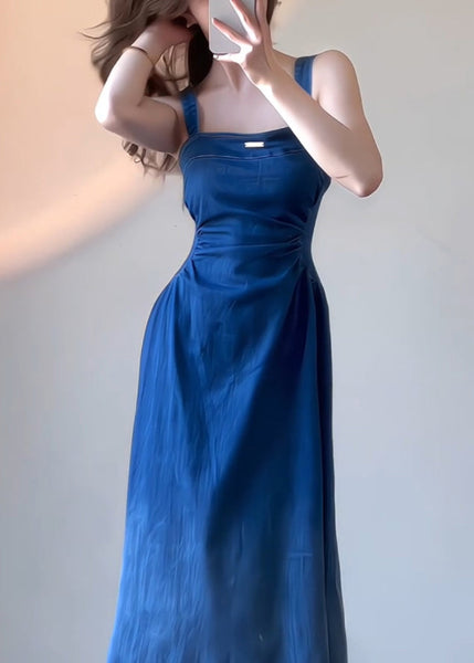 Boutique Dress Blue Slim Denim Summer Strap Fit Spaghetti FashionChic