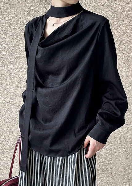 Black Solid Loose Cotton Shirt Bow Long Sleeve AF1057 HS-LTP240914