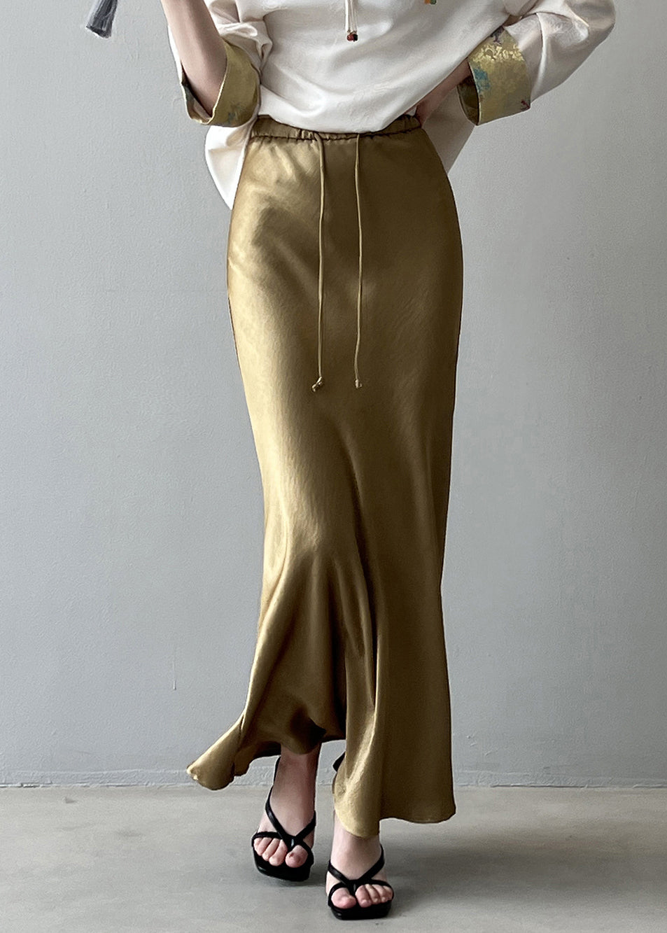 Boutique Gold Drawstring High Waist Draping Silk Skirts Fall QC023 shopify