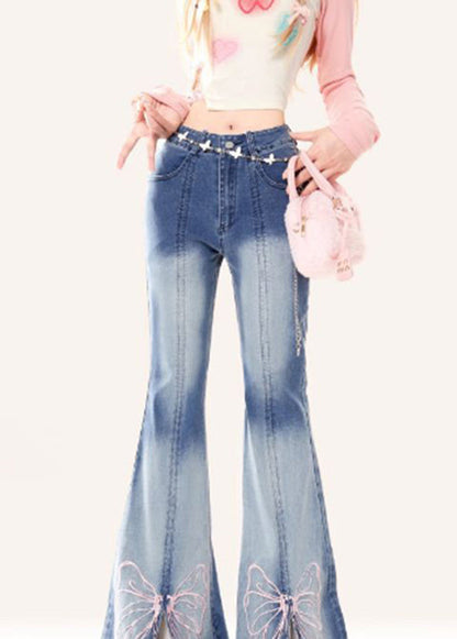 Butterfly Embroidered Style Bottoms Blue Flare Denim Patchwork FashionChic