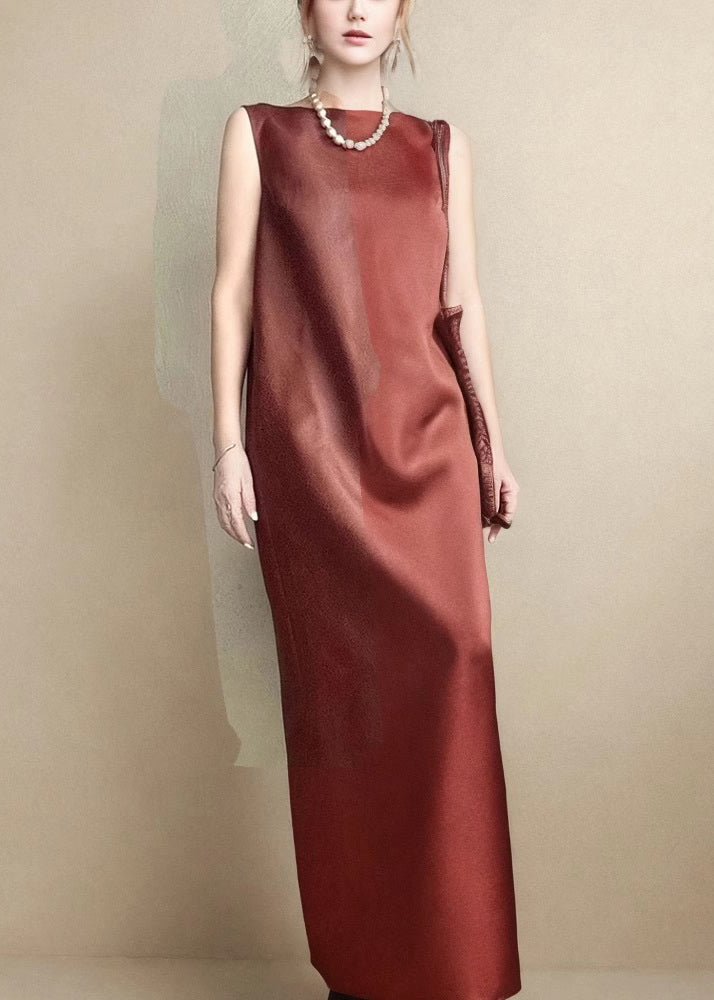 Open Side Sleeveless Long Back Elegant Red Dress Pockets Silk FashionChic