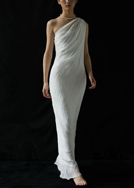 Wrinkled Solid Shoulder Dress Silk Cold Maxi Summer Art White FashionChic
