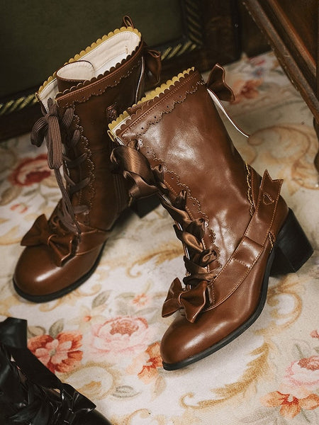 Mid-Calf Lolita Mid-heel Scalloped Brown Edge with Sweet Boots Detail Bow FashionChic