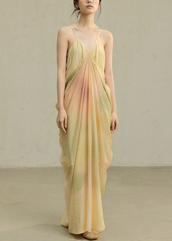 Novelty Wrinkled Dye Spaghetti Cotton Dress Tie Yellow Strap FashionChic