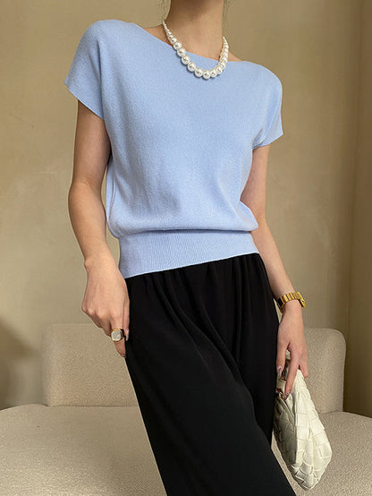 Pink Sleeve Top Short Knit Boat Loose Neck Stylish FashionChic