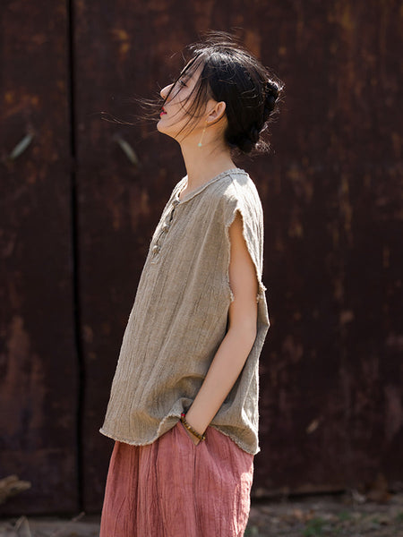 Women Summer Tie-dye Raw-edge Linen Vest CV1031 Ada Fashion