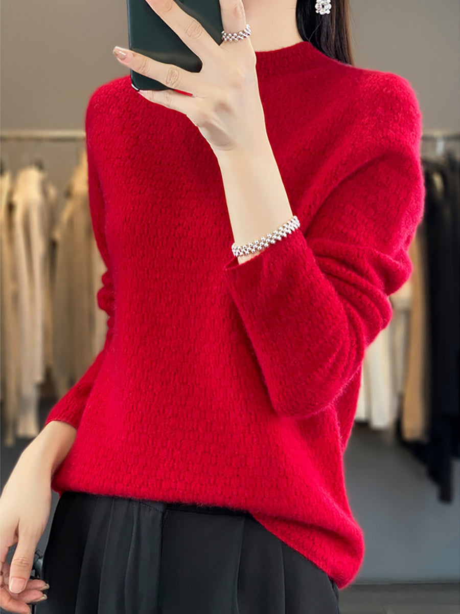 Women Autumn Casual Solid Knit 100%Wool O-Neck Sweater WU010 BK