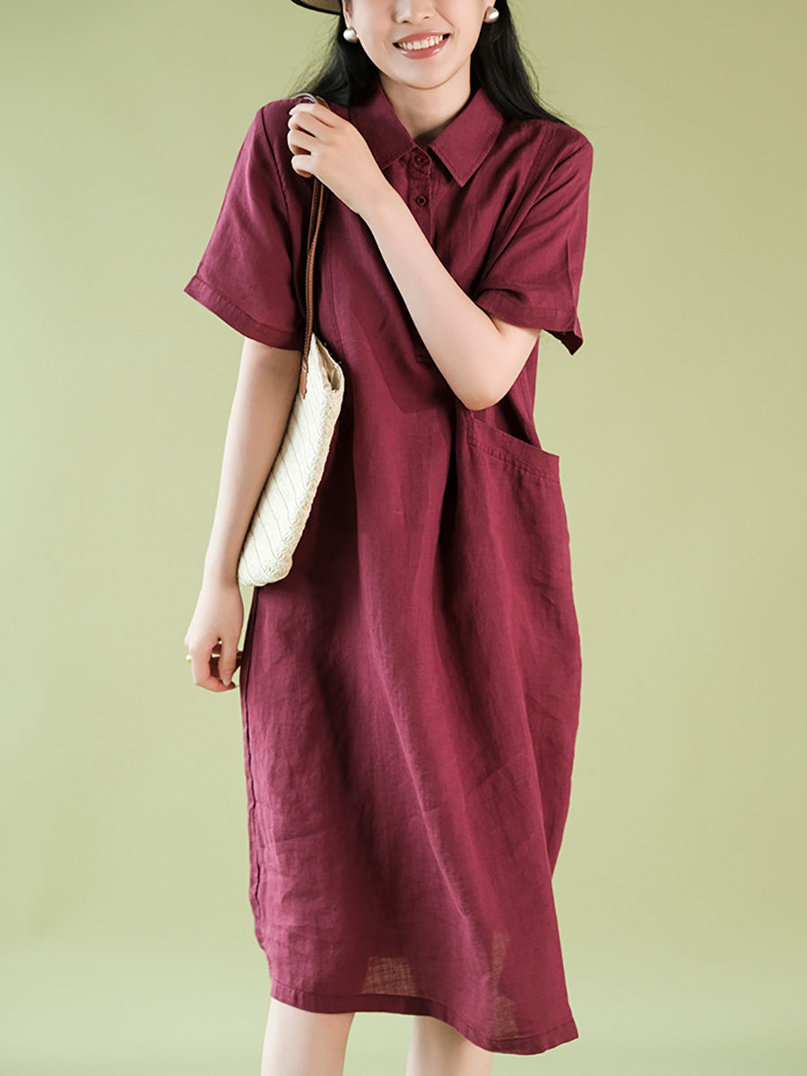 Women Summer Casual Solid Polo Collar 100%Ramie Dress CX056 ZMMM