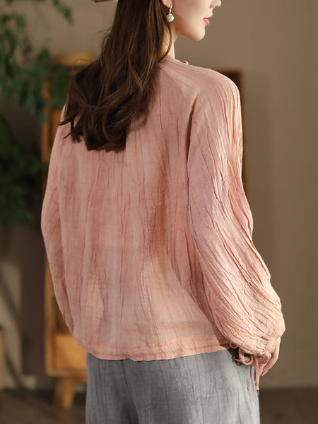 Women Summer Artsy Strap Hem O-Neck Ramie Blouse AS1026 BUYKUD