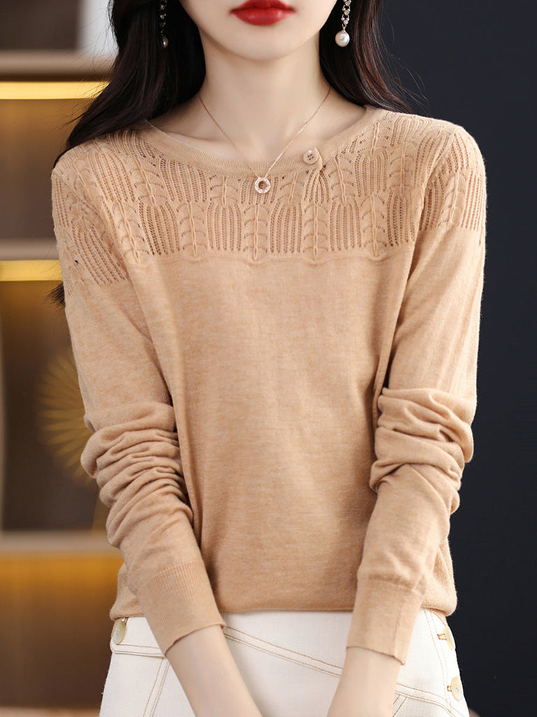 Women Autumn Solid Knit 100%Wool O-Neck Sweater QM019 BK