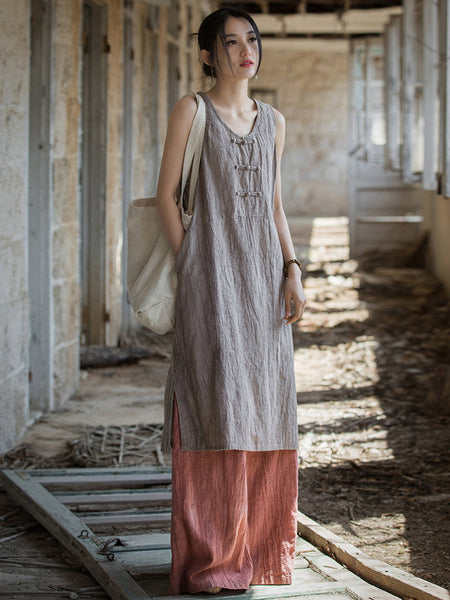 Women Summer Vintage Tie-dye Ramie Vest Dress WE1035 Ada Fashion