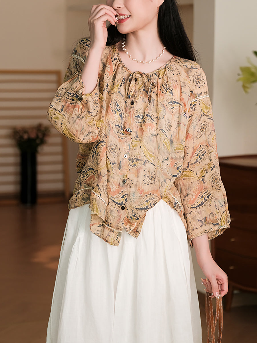 Women Summer Vintage Flower Button-Up Ramie Shirt RR1013 BUYKUD