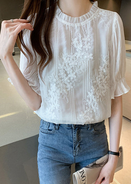 Shirts Chiffon White Bohemian Summer Embroidered Floral FashionChic