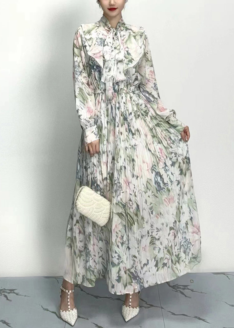 Classy Grey Bow Print Wrinkled Cotton Long Dresses Long Sleeve AO1011 JDML-FDL240909