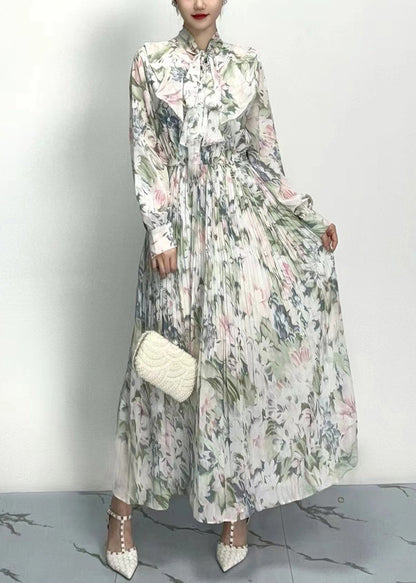 Classy Grey Bow Print Wrinkled Cotton Long Dresses Long Sleeve AO1011 JDML-FDL240909