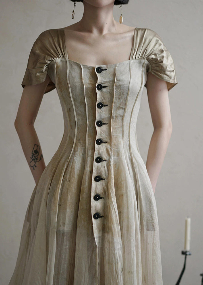 Square Button Collar Summer Vintage Long Dress FashionChic