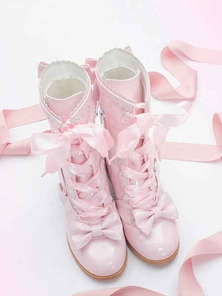 PU Lolita Leather Pink with Bow Boots Mid-Heel Detail Sweet Polished FashionChic
