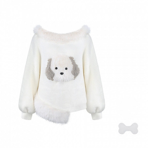 Kawaii - Decor with Bone Brooch Plush Sweater Accents Off-Shoulder Daily White Puppy FashionChic