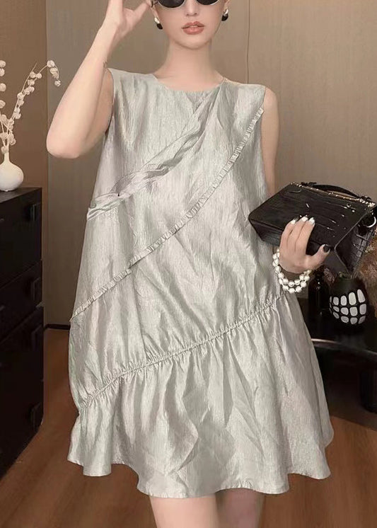 New Grey O Neck Solid Cotton Mid Dress Sleeveless QP035 OL-SDM241001