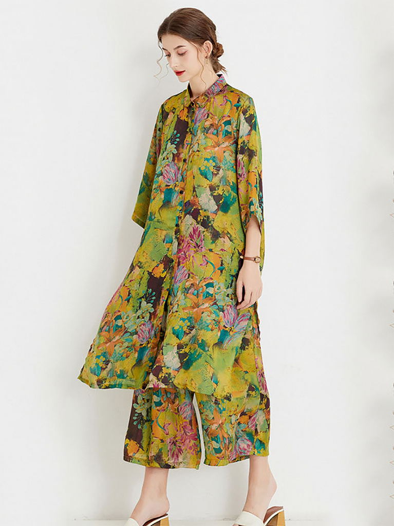 Plus Size Women Artsy Ornate Floral Button Loose Long Suits LL026 BK